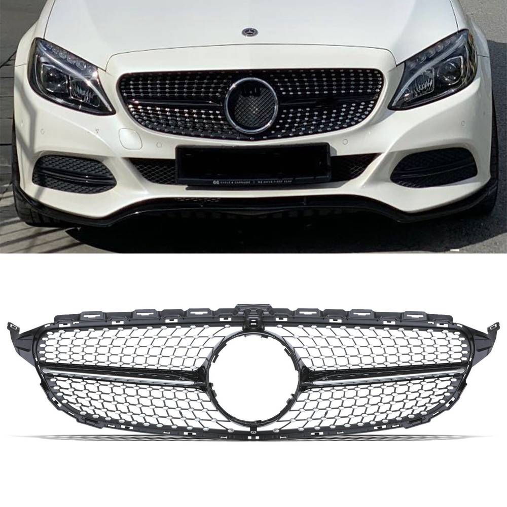 Diamond Style Gloss Black Grille With Camera Hole – Mercedes C Class S205 14-18-Gravity Performance
