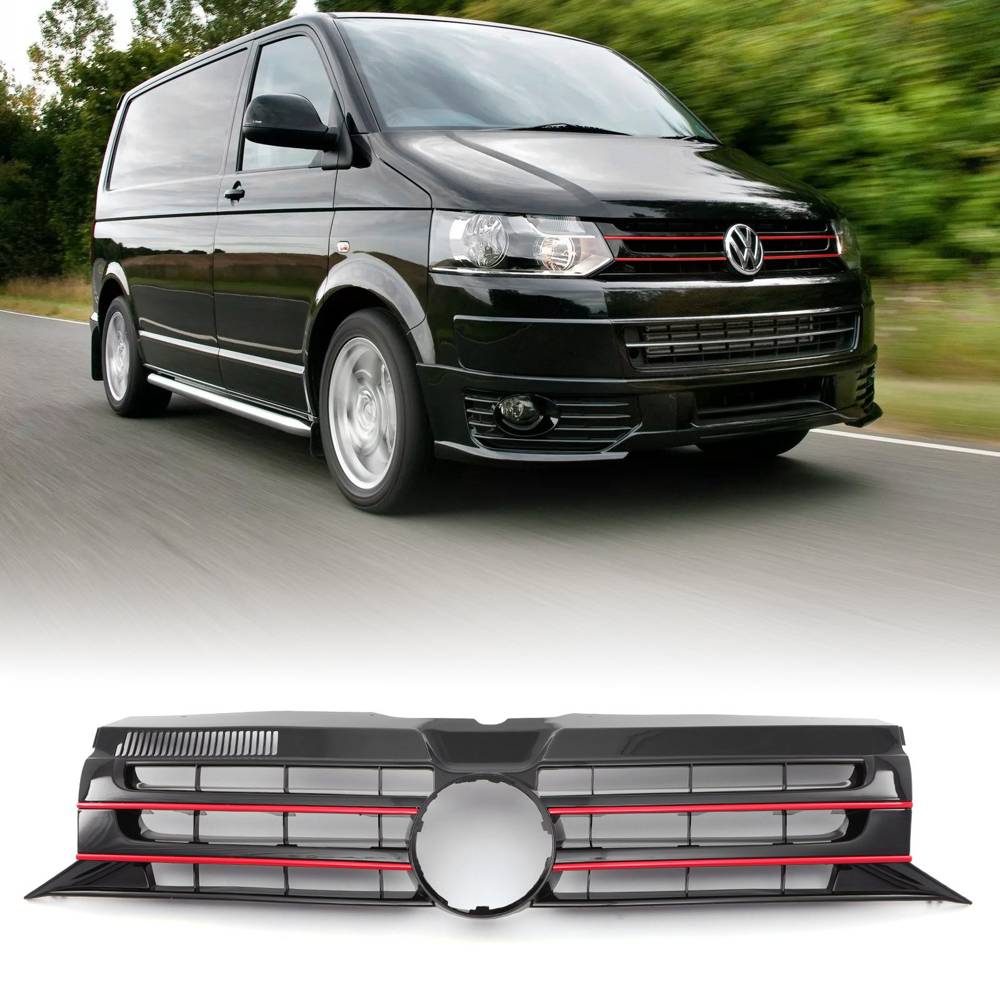 Gloss Black Badged Front Bumper Grille Red Trim – VW Transporter T5.1 09-15