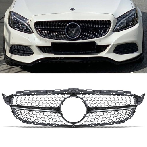 Diamond Style Gloss Black Grille With Camera Hole – Mercedes C Class W205 14-18