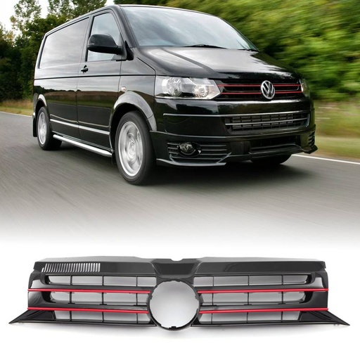 Gloss Black Badged Front Bumper Grille Red Trim – VW Transporter T5.1 09-15